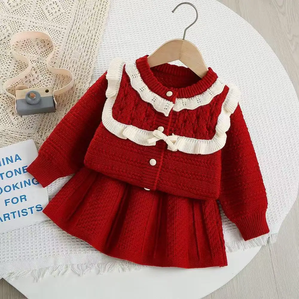 Girls Suit Spring And Autumn New Childrens Clothing Girls Baby Fashion Hollow Lace Collar Cardigan Pleated Skirt Two Sets 2-6Y