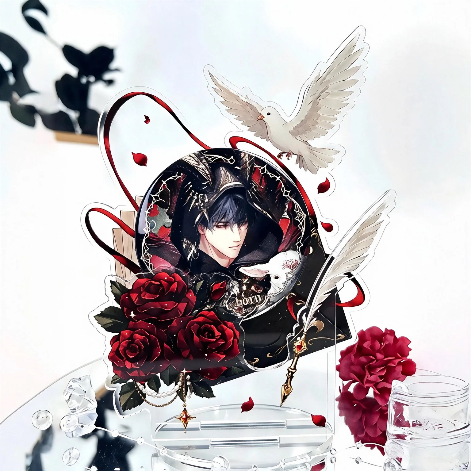 Anime Gumei Acrylic Badge Display Prop Rose Dove Quill Design Can Badge Stand Desktop Collectible Ornament Gift For Anime Fans