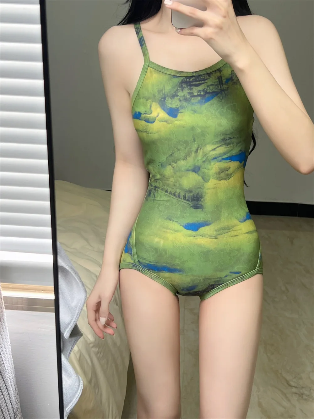 sexy Chinese traditional scenery print swimsuit one piece floral bikinis bodysuits cute beach outfits biquini tankini