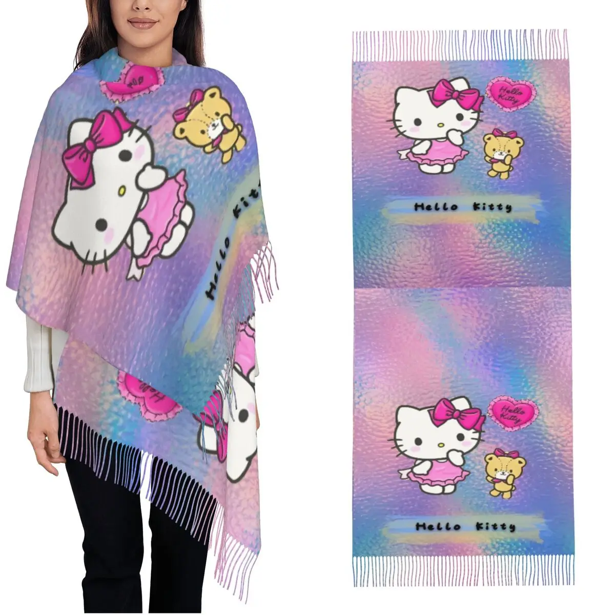 مرحبا كيتي قوس قزح طباعة (2) وشاح المرأة الأوشحة الكبيرة مع شرابة الشتاء شالات الرجعية ويلتف في الهواء الطلق مخصص لتقوم بها بنفسك Bufanda #1