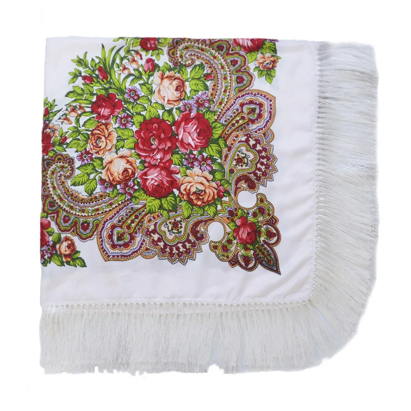 135*135cm Russian Style Square Scarf For Women Big Size Cotton Print Head Scarves Lades Fringed Headwraps Foulard National Scarf