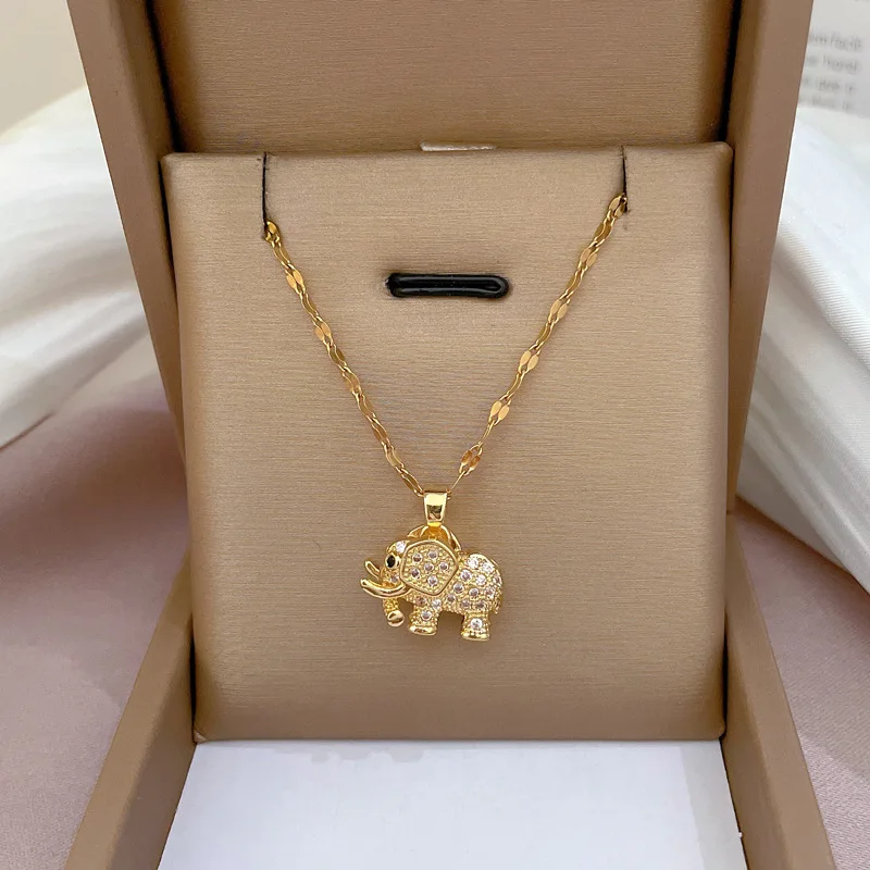 Original Design Full Zircon Elephant Cartoon Pendant Necklace for Women Exquisite Gold Color Stainless Steel Jewelry Accessories