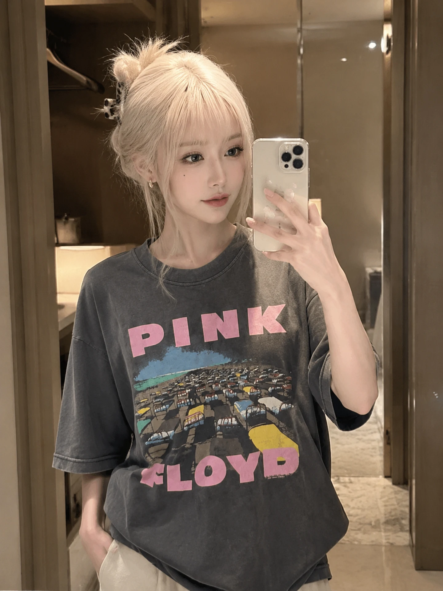 Saint Collaborative PINK Band Cracked American High Street Washed Vintage Loose Men's Short Sleeve T-Shirt Youth Fashion