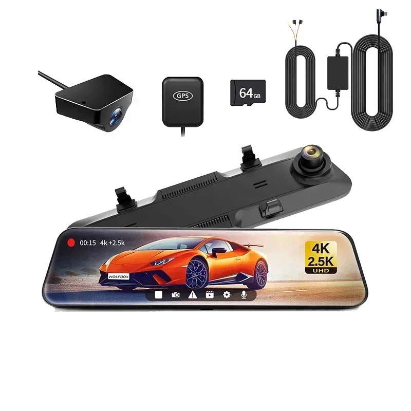 WOLFBOX G900 4K+2.5K Achteruitrijcamera Dashcam 12" IPS Scherm WDR 170° FOV Achteruitrijcamera GPS Spiegel Auto Recorder Stream Media Auto DVR