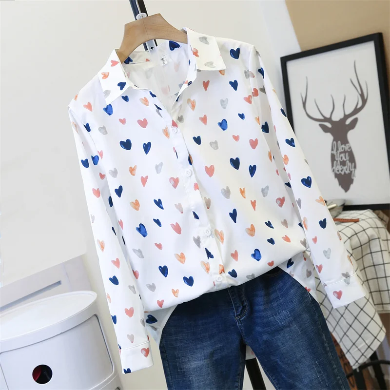 Vintage Love Print Button Up Long Sleeve Blouses for Women Casual Tops Autumn Shirts Office Wear Streetwear Chemise Femmes