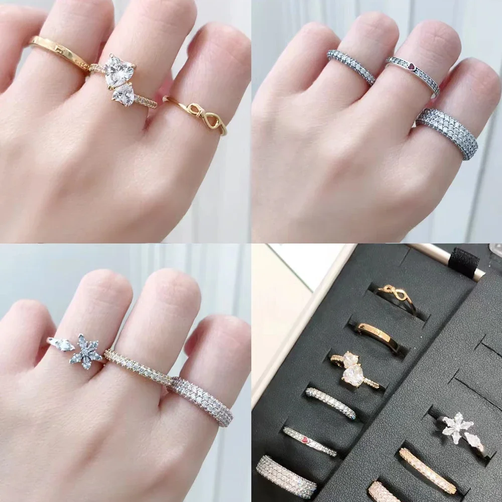 Sparkling Gold Moon and Star Ring Set 925 Sterling Silver Timeless Pavé Round Ring Vintage Finger Rings for Women Jewelry Gift