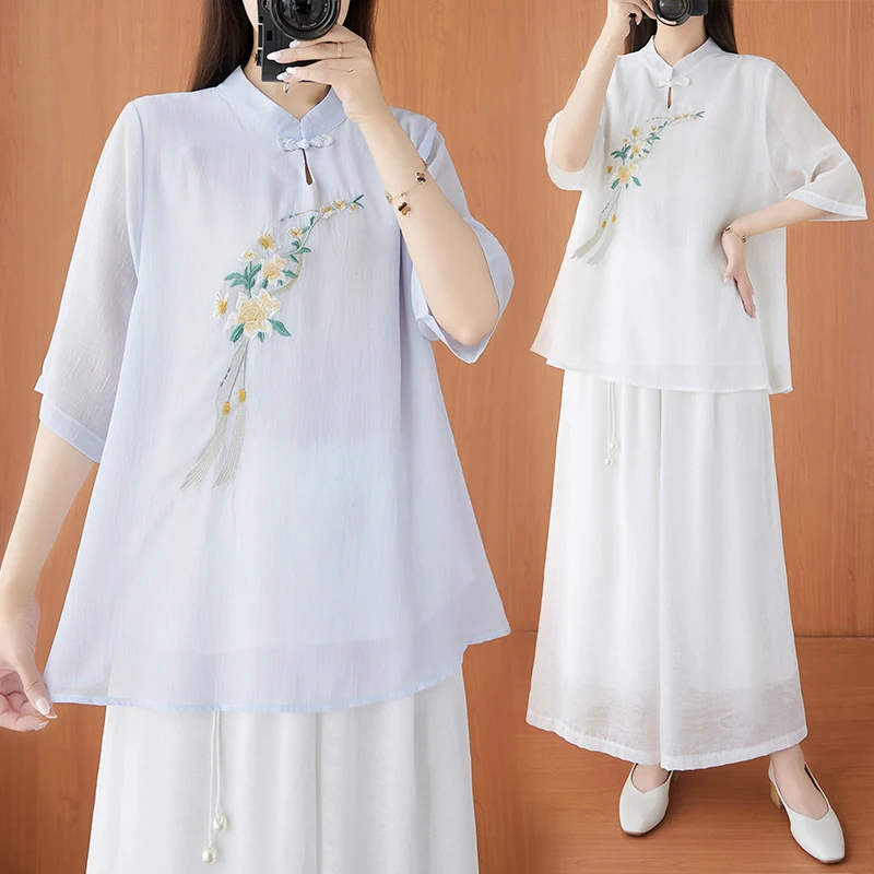 

Slimming Large Size Women's Top Vintage Embroidered Loose Base Shirt Stand Collar T-Shirt Commute Style Summer New ...