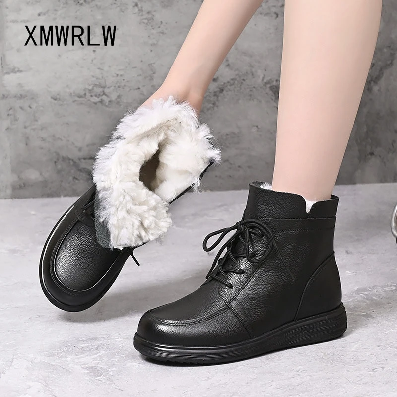 

XMWRLW 2025 ботильоны из натуральной кожи, женская зимняя обувь, женские туфли на плоской подошве с теплым мехом, женские зимние ботильоны на резиновой подошве