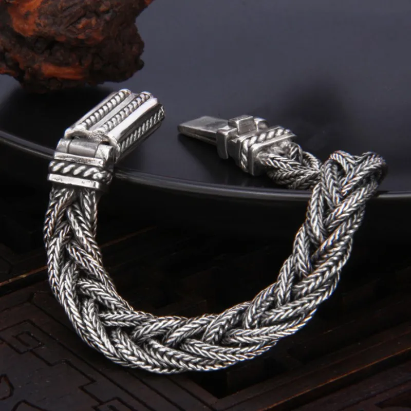 BOCAI Trendy S925 Sterling Silver Bracelets for Men New Men's Fashion Wide Weaven Horsewhip-chain Punk Jewelry