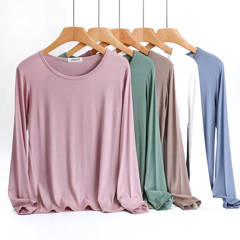 Casual Loose Long Sleeve Modal Base Shirt Women's round Neck Thin Style T-Shirt Pure Color Versatile Top Spring Autumn Wear