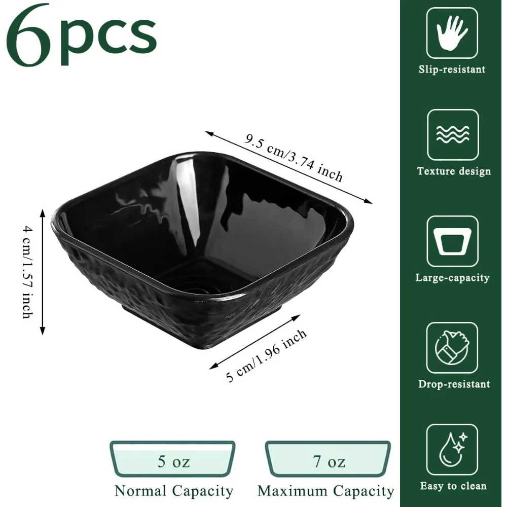 6-Piece Black Matte Stone Texture Dip Bowls Set, 6 oz Mini Appetizer Bowls for Soy Sauce, Ketchup, BBQ, Tomato Sauce, Condiments, Side Dishes, Perfect for Parties, Snacks, Dinners, and Entertaining, Durable Plastic