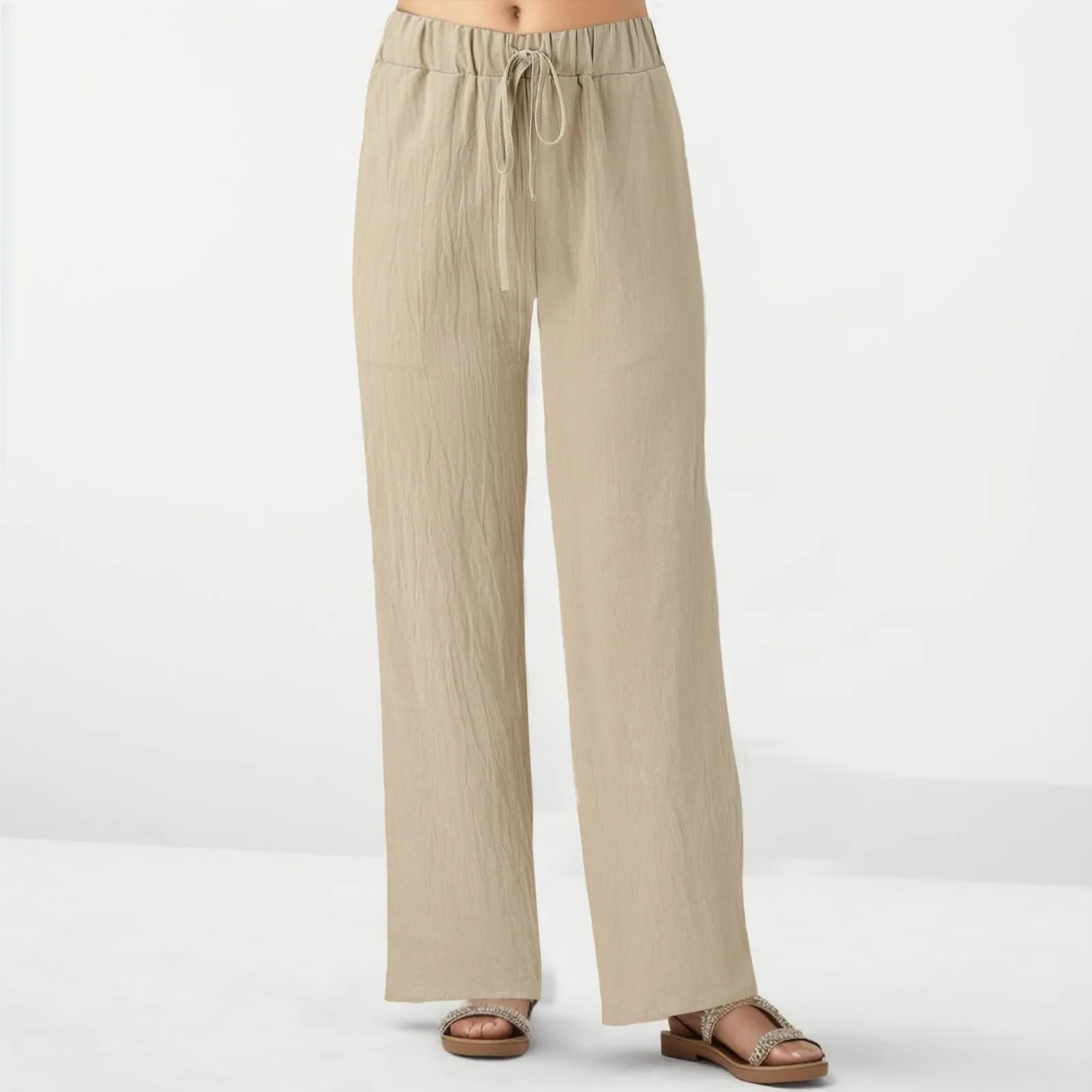 

Women's Solid Color Drawstring Elastic Waist Pocket Loose Casual Wide Leg Pants High Waist Simplicity Linen Trousers