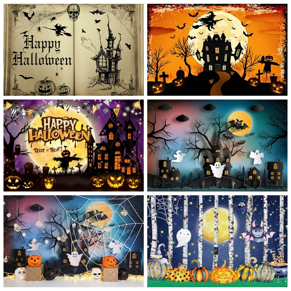 

Happy Halloween Backdrop For Photography Cartoon Moon Pumpkin Lantern Castle Cemetery Kids Birthday Family Party Background