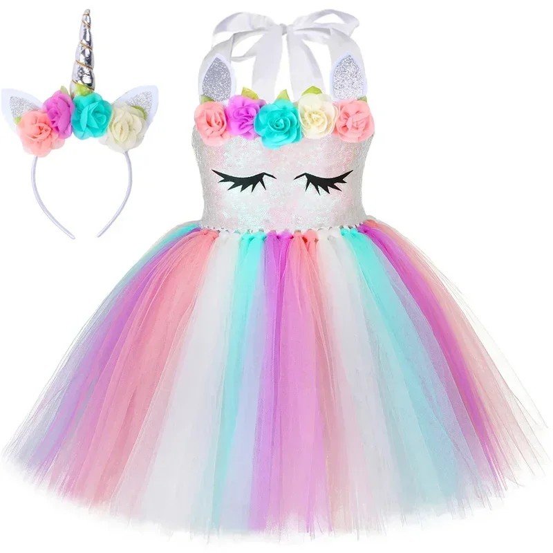 Flowers Girls Unicorn Tutu Dress Pastel Sequins Children Birthday Party Princess Dresses Kids Purim Holiday Halloween Costum MN9