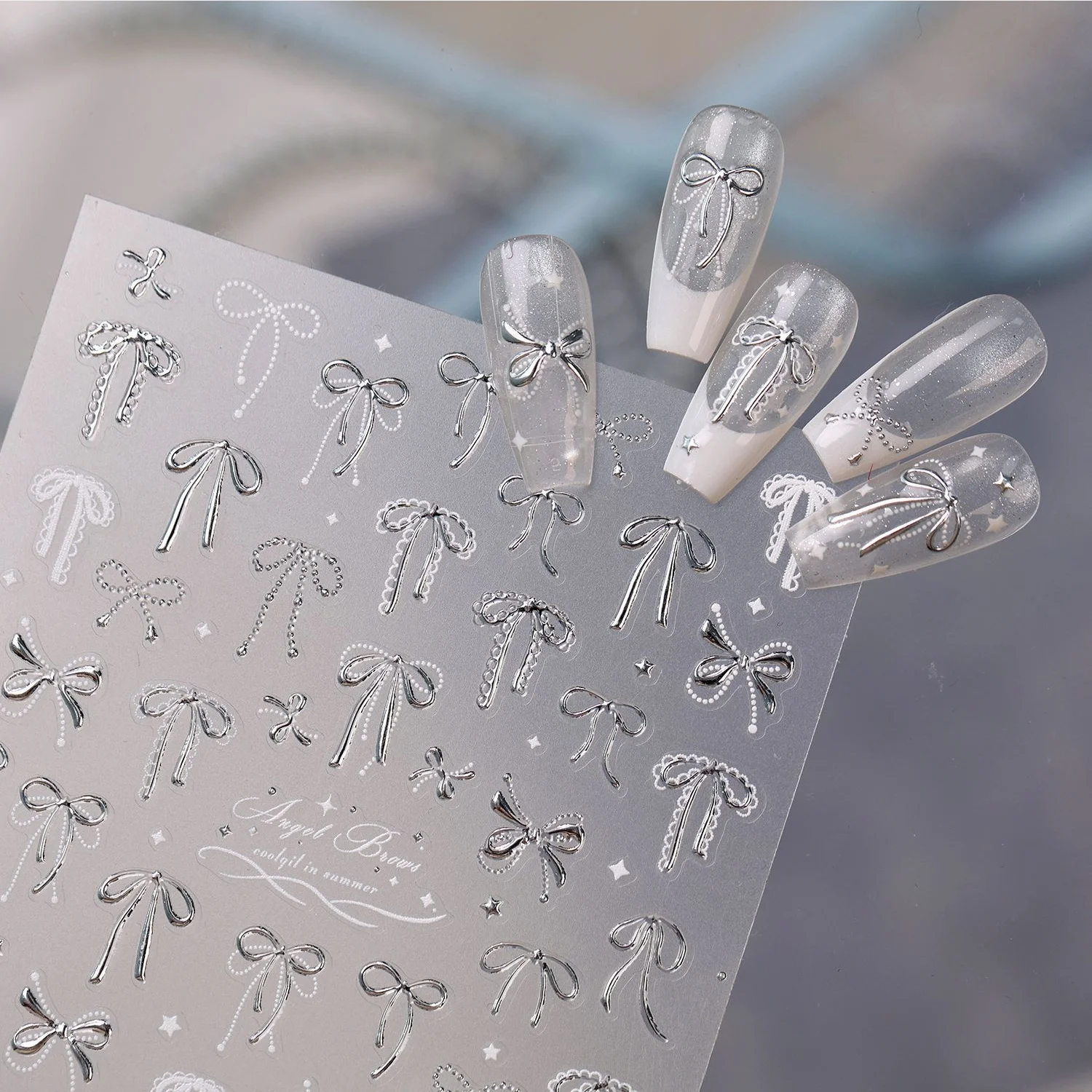 Perlenketten-Schleife 5D Nagelkunst-Aufkleber Metallband Stern Perlenkette Französische Schleife Selbstklebende Sanfte Maniküre-Dekoration DIY-Zubehör