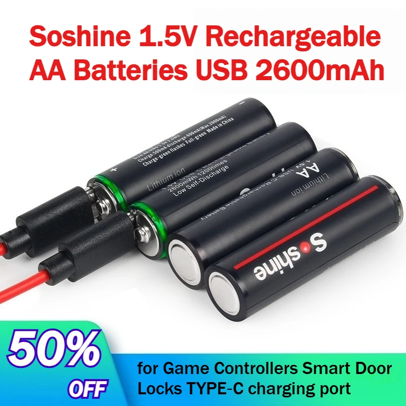 1.5V Rechargeable Lithium‑ion AA Batteries USB 2600mAh for Game Controllers Smart Door Locks TYPE‑C charging port 1000 cycles