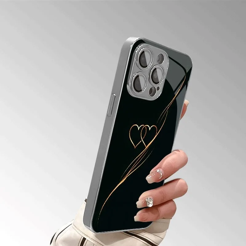 Golden Line Herz-Design, gehärtetes Glas, galvanisierte Handyhülle für iPhone 17, 16, 15, 14, 13, 12, 11, Pro Max Plus 16E 17 Air Cover