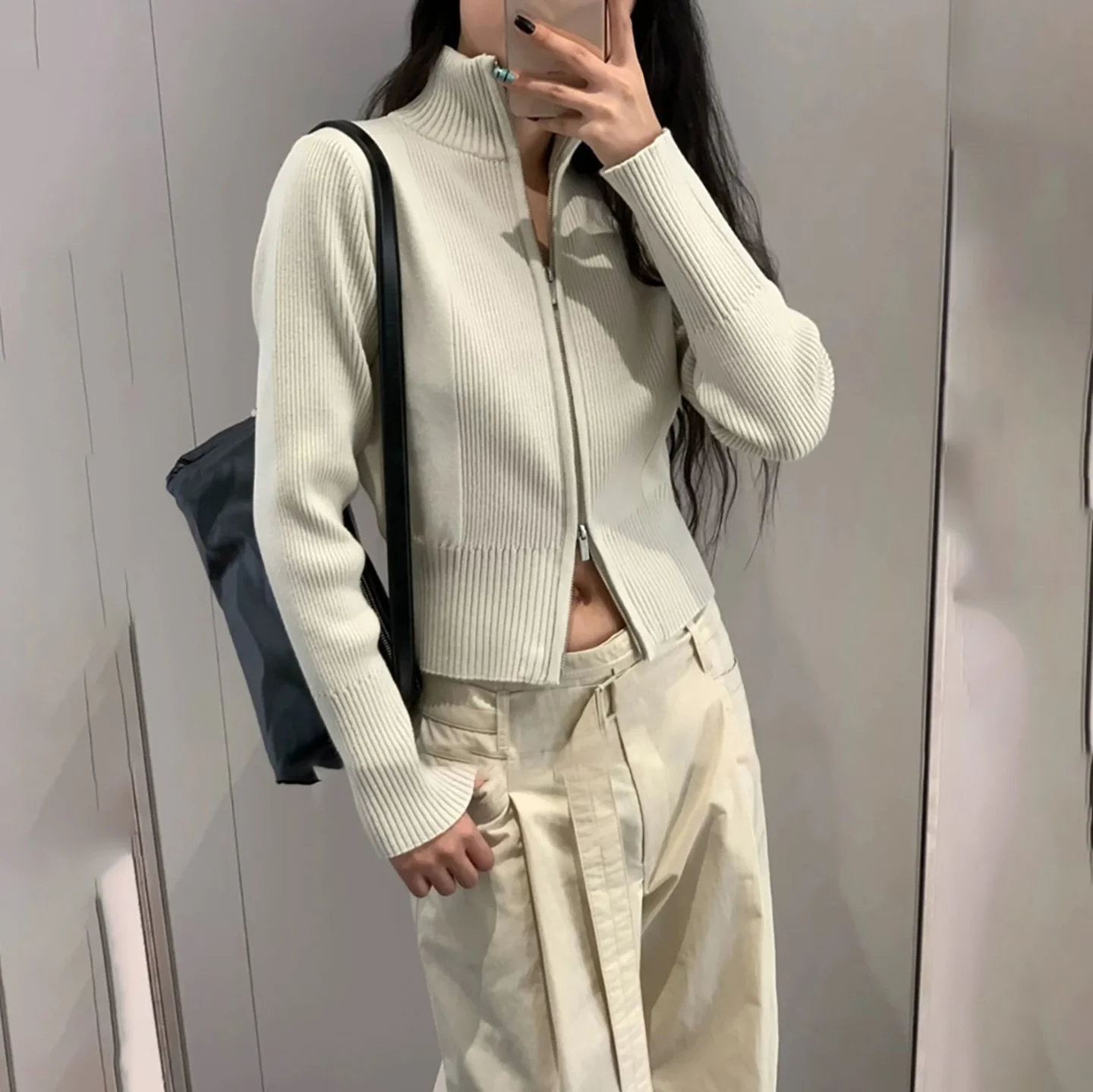 

Style Wool Knitted Sweater Stand Collar Elastic Commute Slim Fit Top V-Neck Coat Korean Version Long Sleeve Zipper