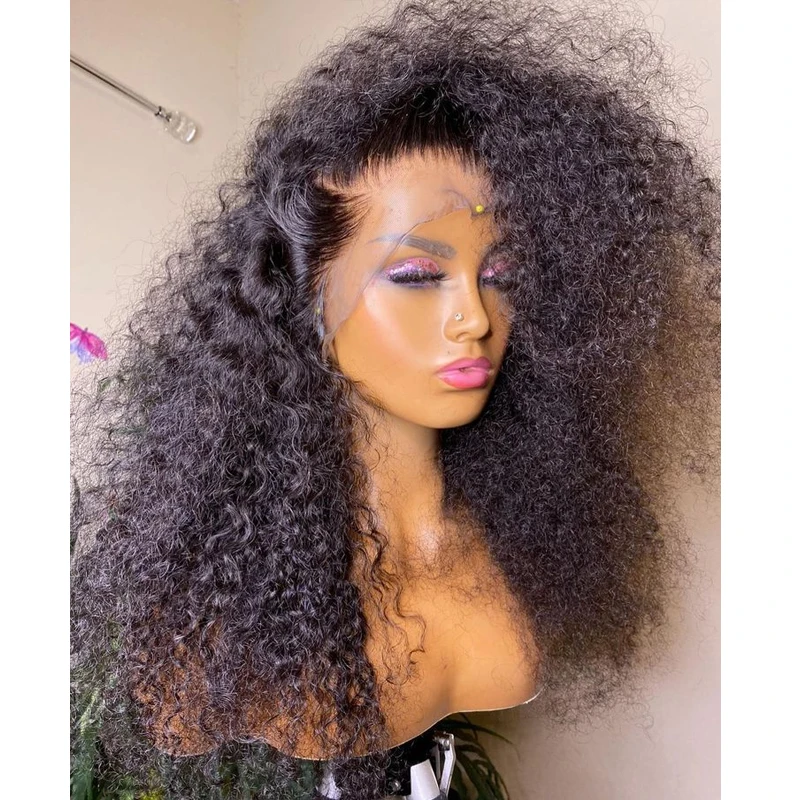 Peluca con malla frontal para mujer, pelo negro Natural, largo, rizado, sin pegamento, densidad de 180, 26 pulgadas, con pelo de bebé, prearrancado para uso diario