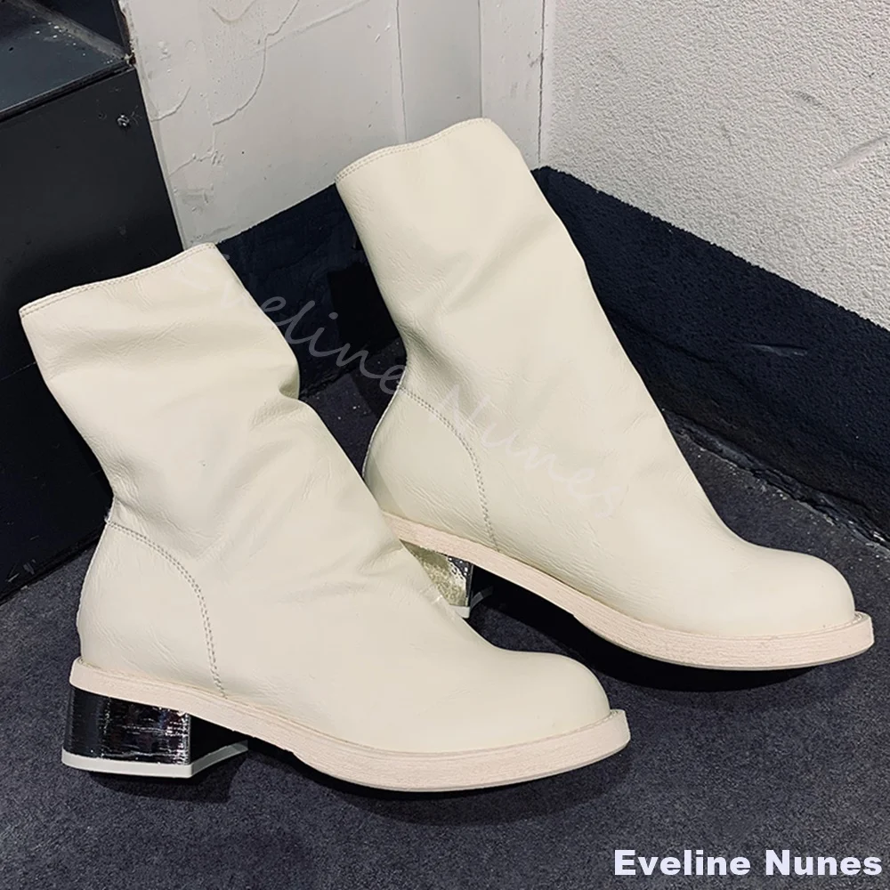 

Silver Chunky Heel Mid Calf Boots Women Round Toe Solid Leather Back Zipper Stretch Boots 2025 New Casual Versatile Ankle Boots