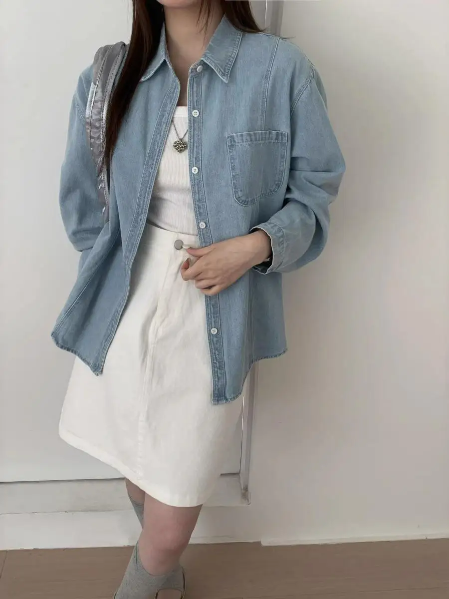 

Spring Dongdaemun Retro Washed Denim Shirt Women Loose Fit Casual Versatile Long Sleeve Shirt Classic Style Pure Color Flip C...
