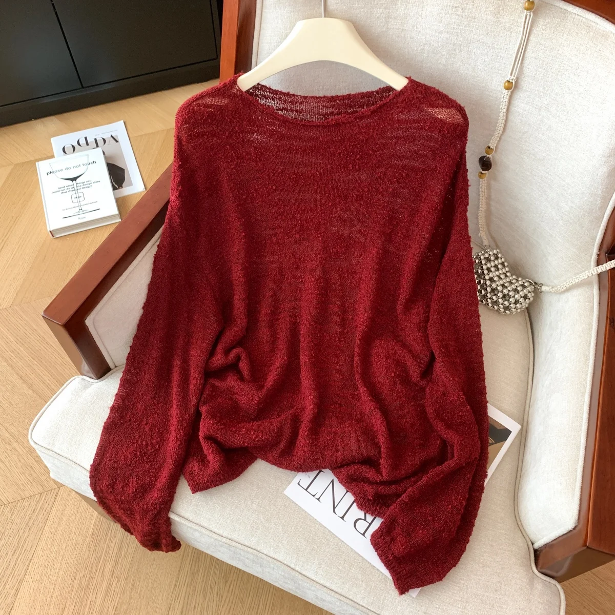 Suéter de punto calado suave y largo para mujer, Top de otoño cómodo y holgado, prendas de punto de algodón versátiles rojas Lazy Sle