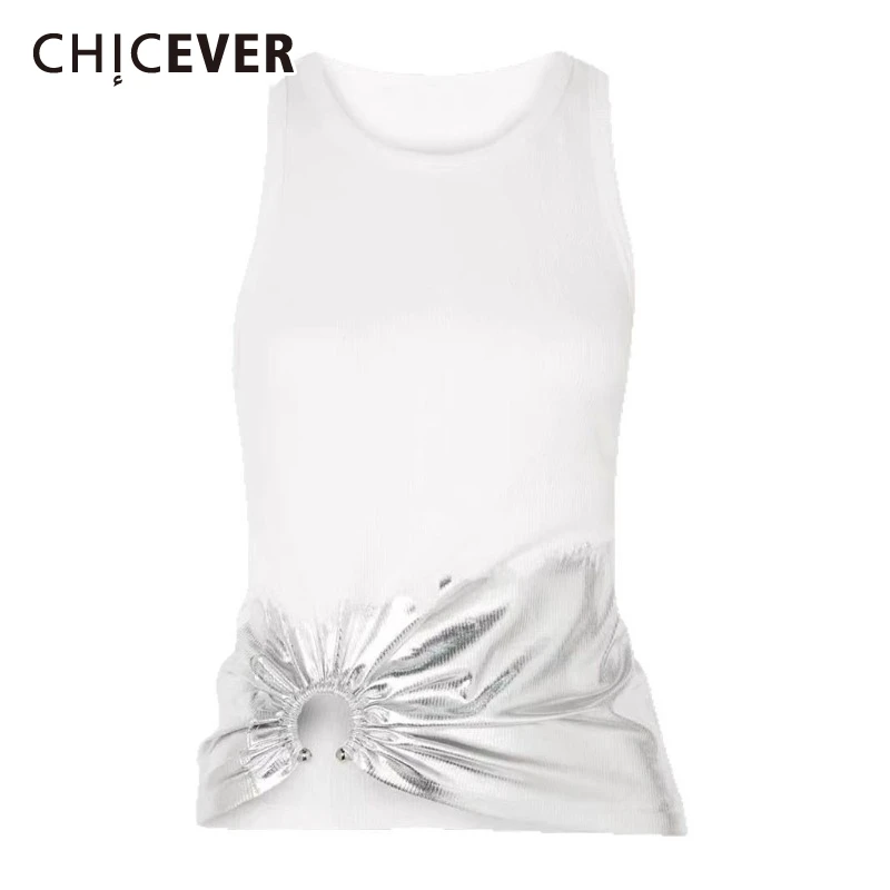 

CHICEVER Hot Girl Patchwork Paint Hem Tank Tops for Women Round Neck Sleeveless Spliced Metal Buckle Slimming Vest Female Summer