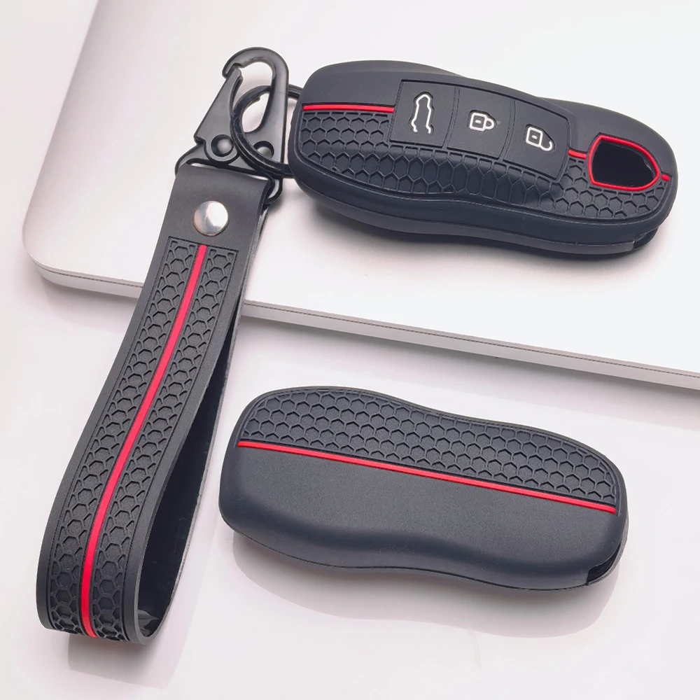 Key Cover for Porsche Cayenne Macan Panamera Boxster Taycan 718 Spyder GT3 RS with Keychain Anti-Scratch Shockproof Soft Grip