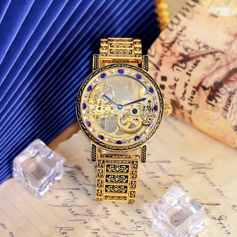 

Мужские полностью автоматические механические часы в стиле ретро с черным и золотым стальным ремешком, двухсторонние полые одномостовые, полностью автоматические.