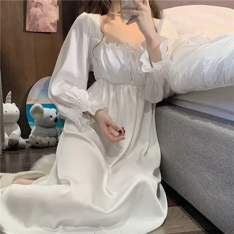 Ruffles Women Nightgown Korean Sleepwear Square Collar Nightwear Solid One Piece Pajamas Autumn Lace Sleeping Night Dress New