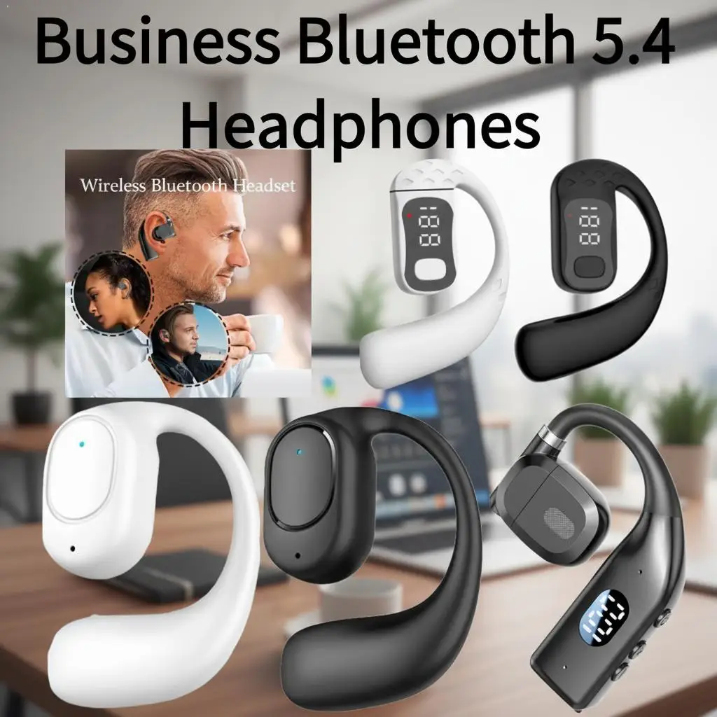 Business Bluetooth 5.4 Headphones Rotatable Ear Hook Wireless Headset Digital Display 10M Transmission Range Over-Ear Design