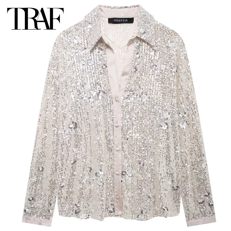 TRAF Women 2024 Shirts & Blouses Autumn Women\'s Blouse Sequined Long Sleeve Shirts Glitter Floral Loose Fit Blouse Casual Shirts