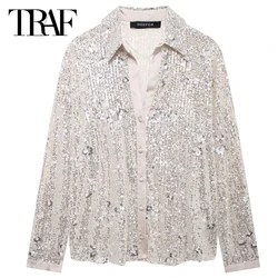 TRAF Women 2024 Shirts & Blouses Autumn Women's Blouse Sequined Long Sleeve Shirts Glitter Floral Loose Fit Blouse Casual Shirts