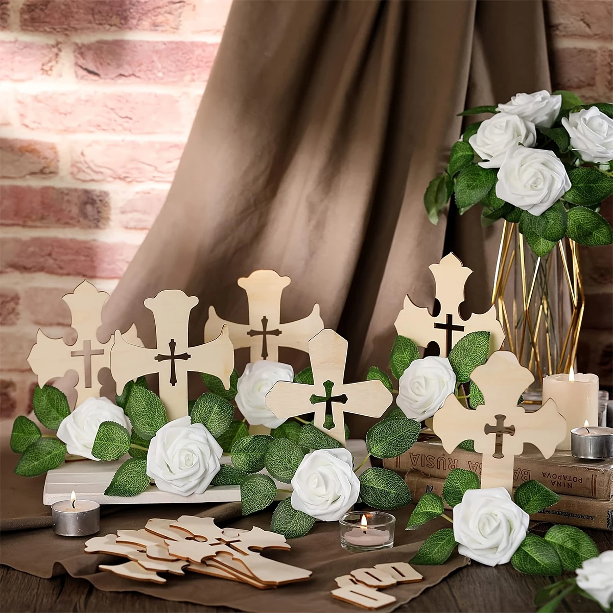 8 Set di Decorazioni a Croce in Legno, Decorazioni per Comunione e Battesimo, Croci in Legno Non Finite per Centrotavola Matrimoniali e Regali