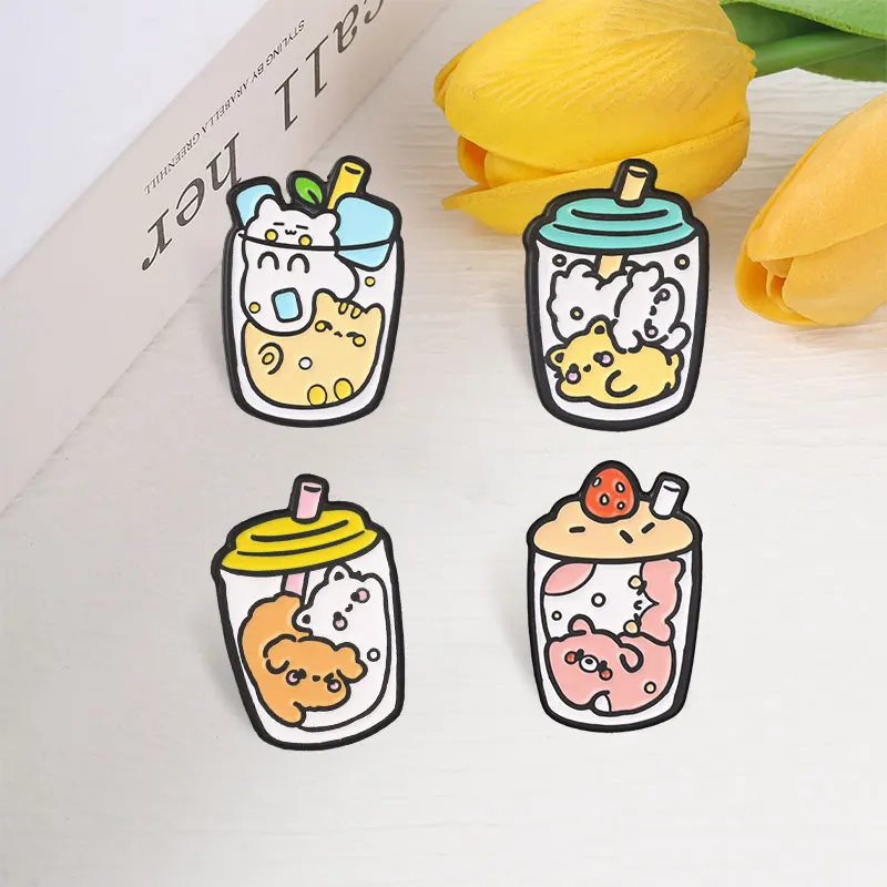 Niedliche Bubble-Tea-Tier-Emaille-Abzeichen, Cartoon-Getränkebecher-Anstecker, liebenswerte Haustier-Charakter-Broschen, Reversnadel-Set, Geschenk für Freunde – Detail 7