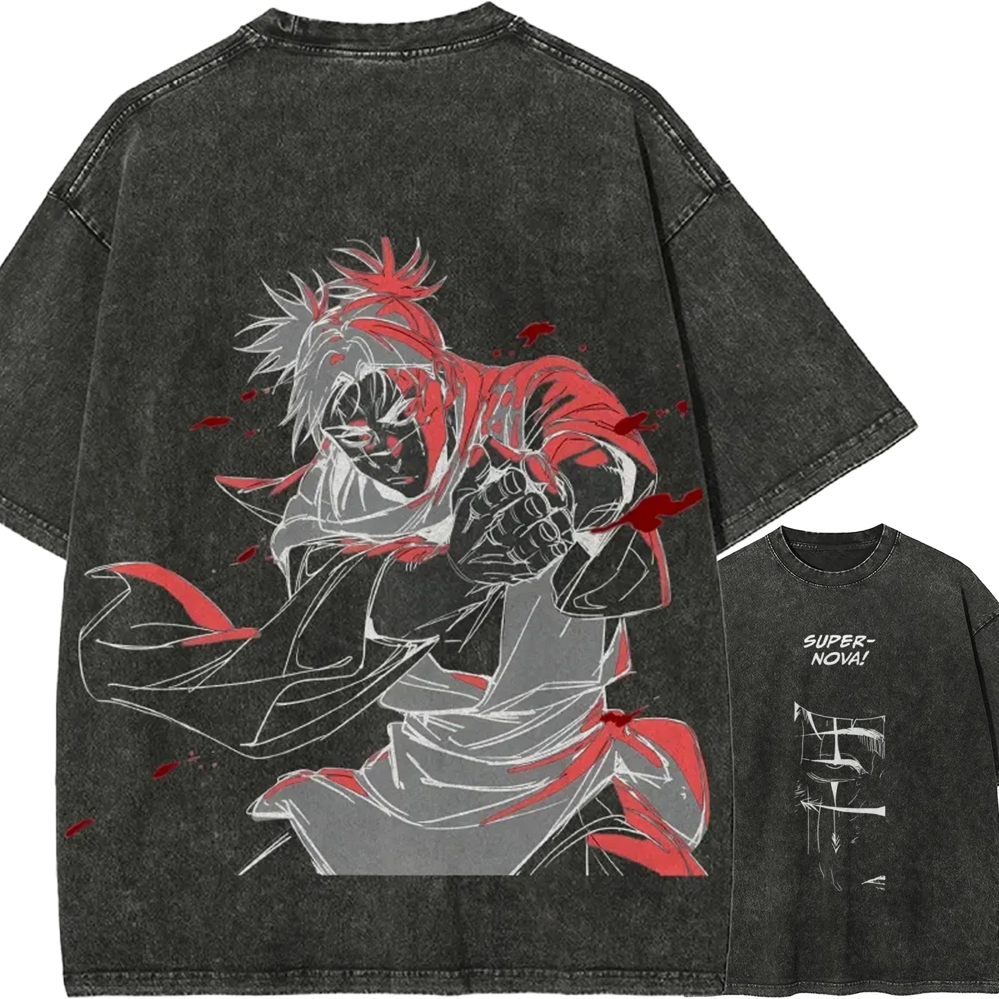 Choso Supernova T-Shirt Jujutsu Kaisen Blutmanipulations-Motiv Vintage-Waschung Übergroßes Retro-Anime Harajuku Streetwear Herren-Oberteil