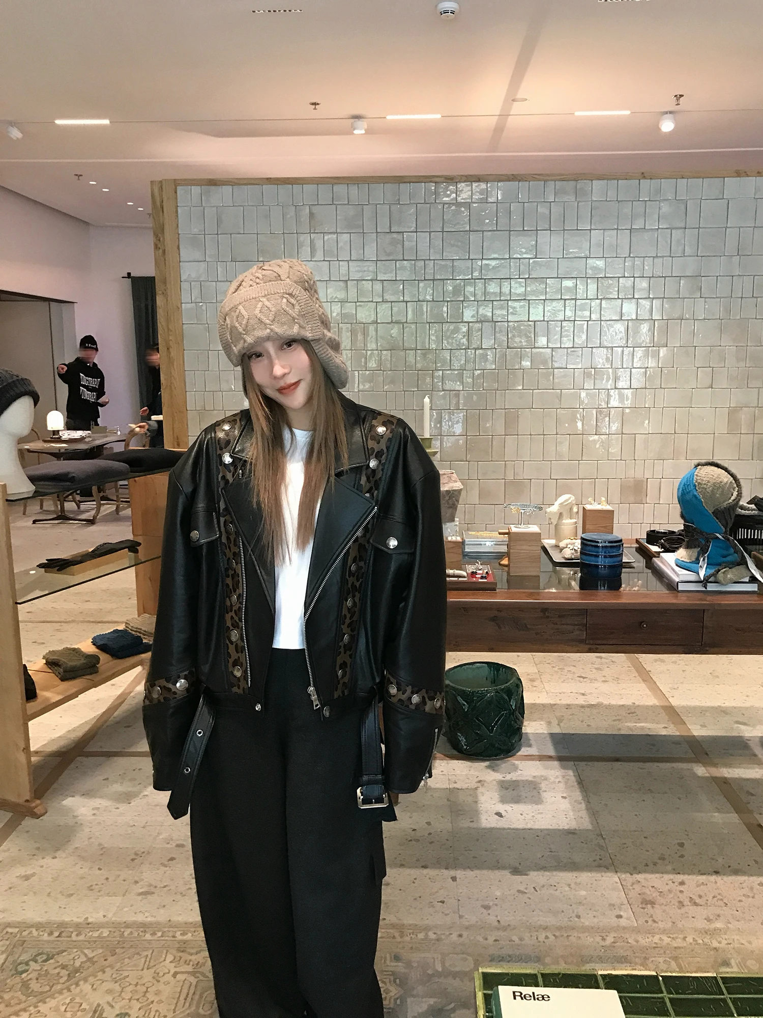 SukiiRED ヘビーウェイト レオパード柄 パッチワーク バイカー ジャケット レディース 特別デザイン PUレザー ブラック ジャケット 長袖 ジッパー