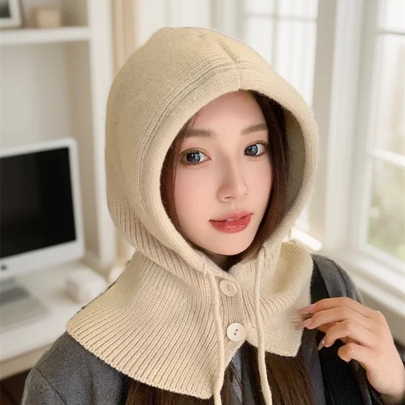 Y2K Hot Girl Luxurious Design Knitted Balaclava Fashion Fake Collar Shawl Hooded Hat Thick Warm Beanines Winter Women\'s Hats