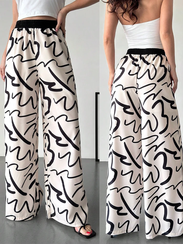 Damen-Hose mit weitem Bein, lockerer Passform und hoher Taille, Farbblockdruck, geeignet für Pendler, Freizeitkleidung und Urlaub