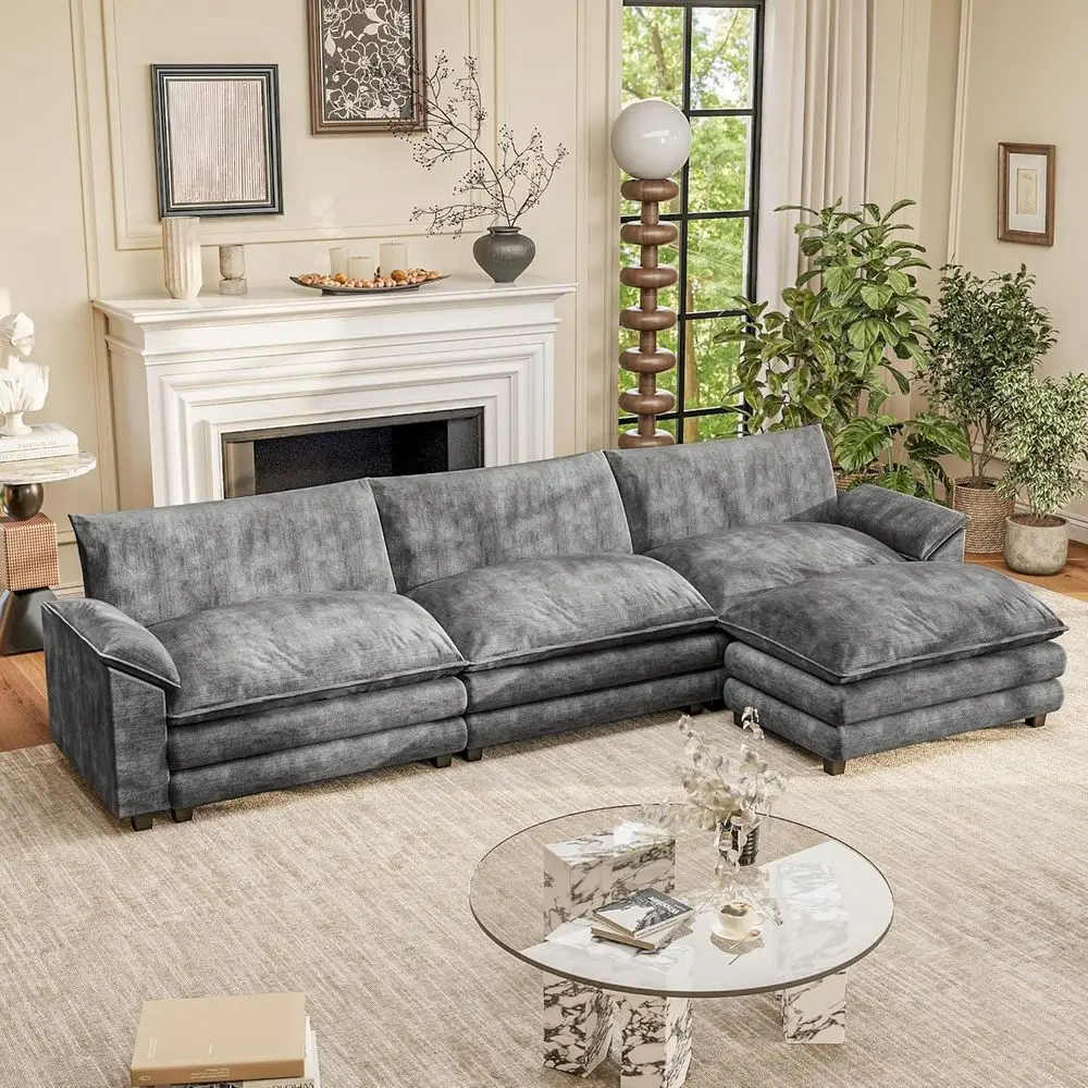 

3-Seat Reversible Ottoman Sofa, Cloud L-Shaped Deep Seating Sofa, Chenille Sectional Living Room Couches