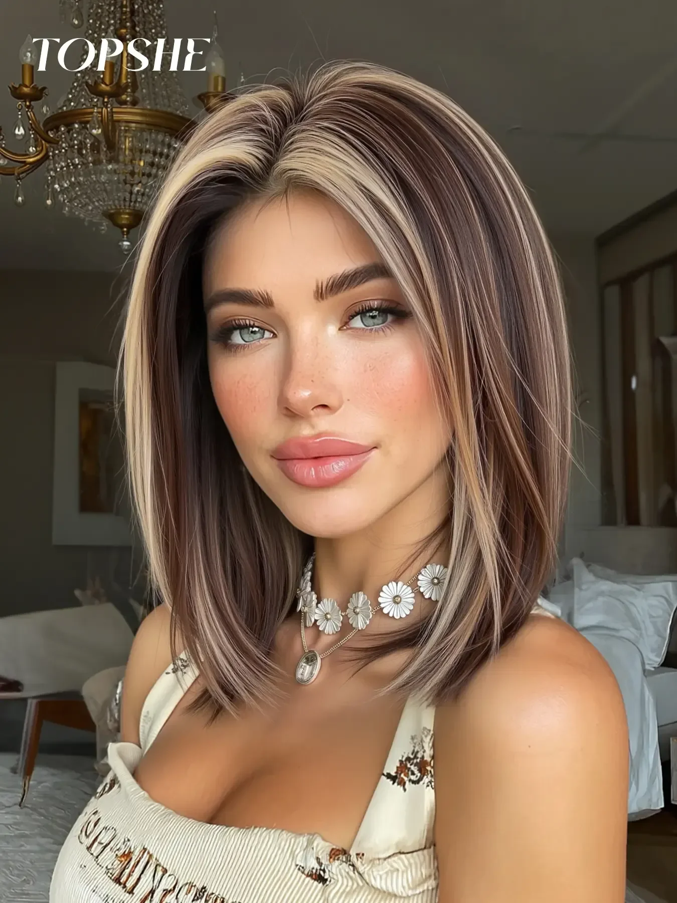

Topshe 13x6 HD Lace Front Bob Wig 12 Inch Shoulder Length Highlights Straight Synthetic Hair Glueless Daily Wear for Women