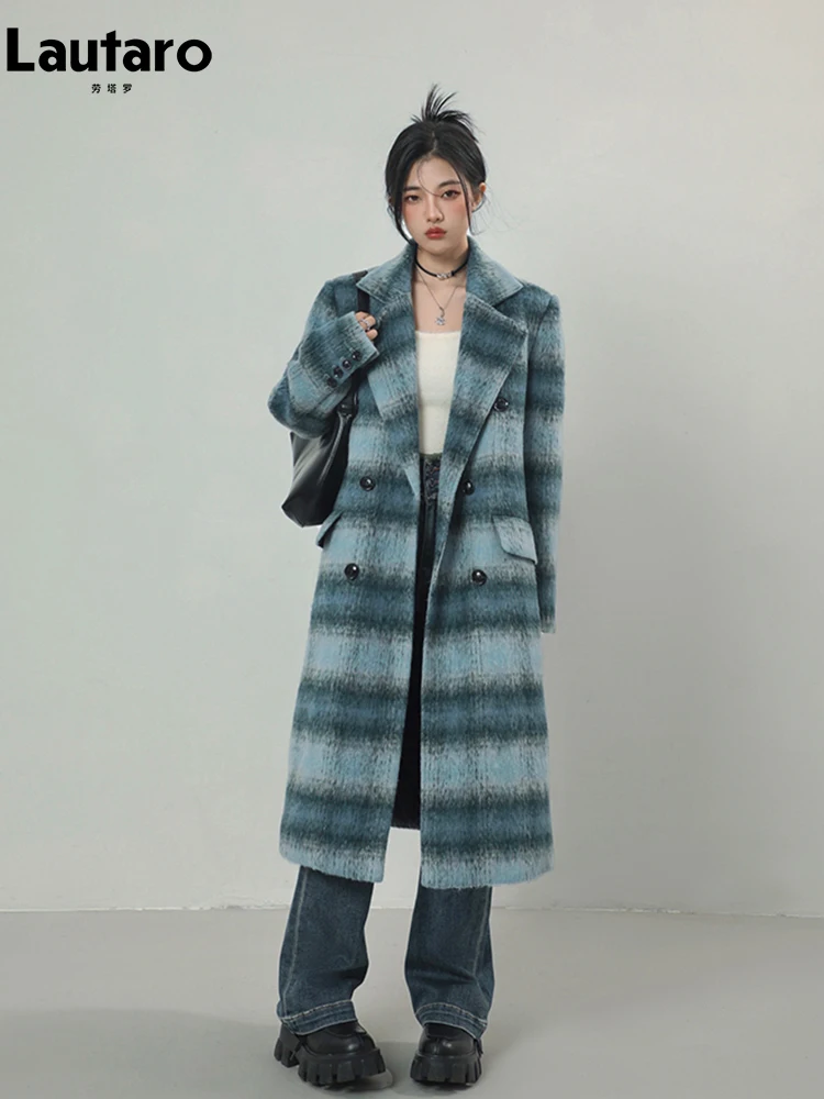 Lautaro Autumn Winter Long Warm Colorful Blue Plaid Woolen Coats for Women Shoulder Pads Double Breasted Korean Fashion 2023