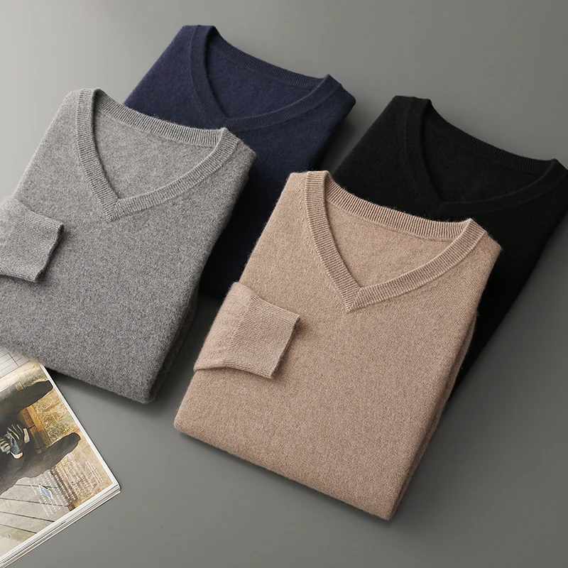 

Men's 100% Cashmere Sweater V-neck Pullover Autumn Winter Basic Smart Casual Pure Cashmere Knitwear Long Sleeve Clothing Tops
