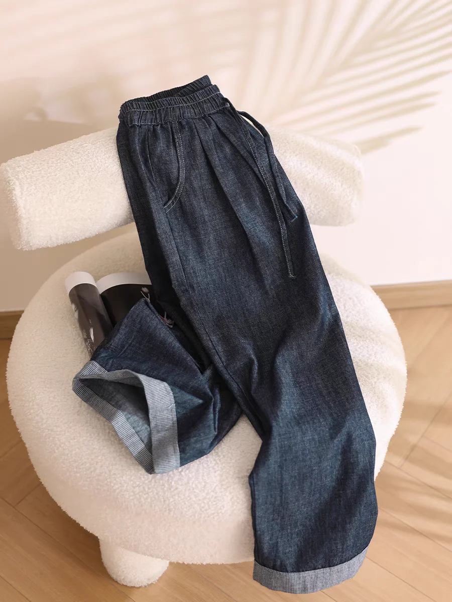 

Waed Cotton Denim Pants Women's Elastic Waist Corduroy Straight Leg Slimming Wide Leg Pants Summer Casual High Waist Long P...