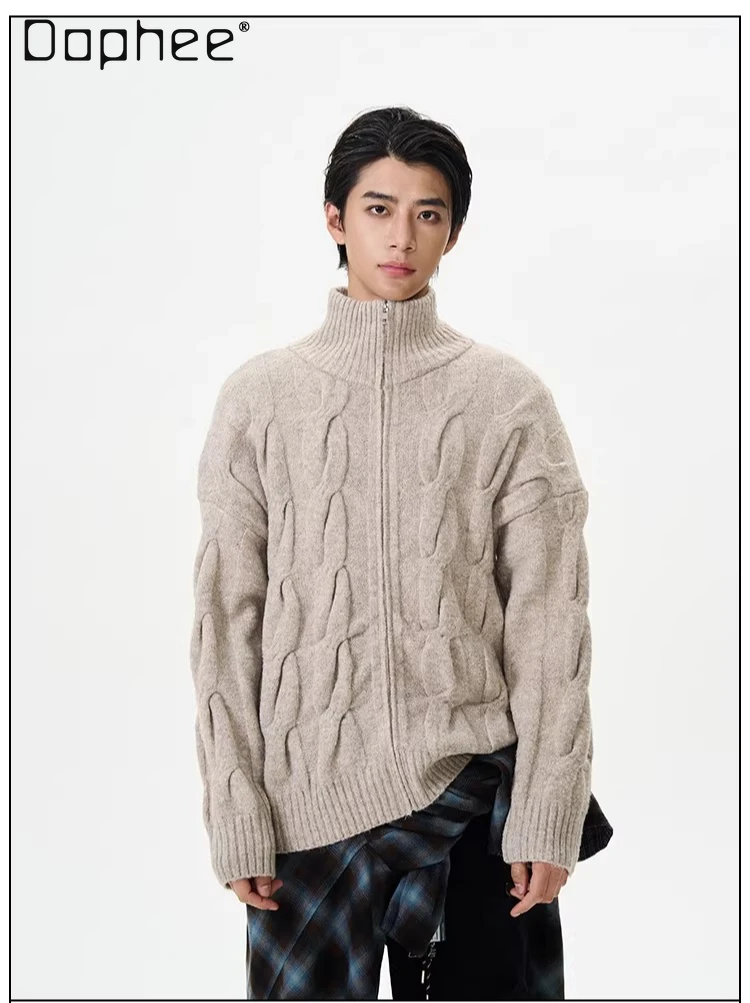 

Мужской вязаный кардиган на молнии с высоким воротником, повседневный, в стиле осенне-зимнего городского стиля, синий, абрикосовый, темно-серый, премиум-класса