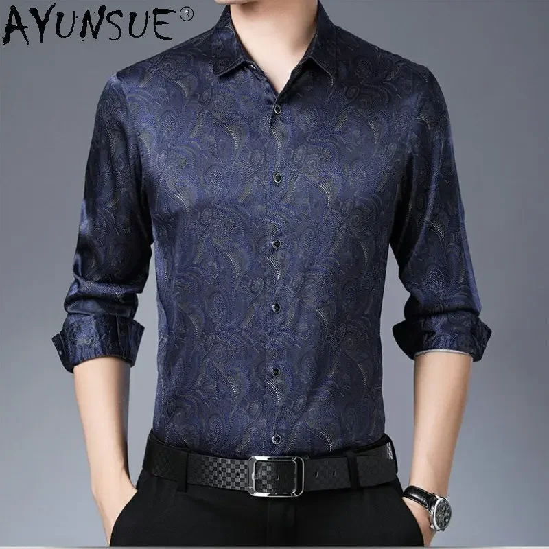 

AYUNSUE 92%Mulberry Real Silk Long Sleeve Shirt Men's Clothing Silk Satin Shirt for Men Loose Casual Print Shirt Men Ropa Hombre