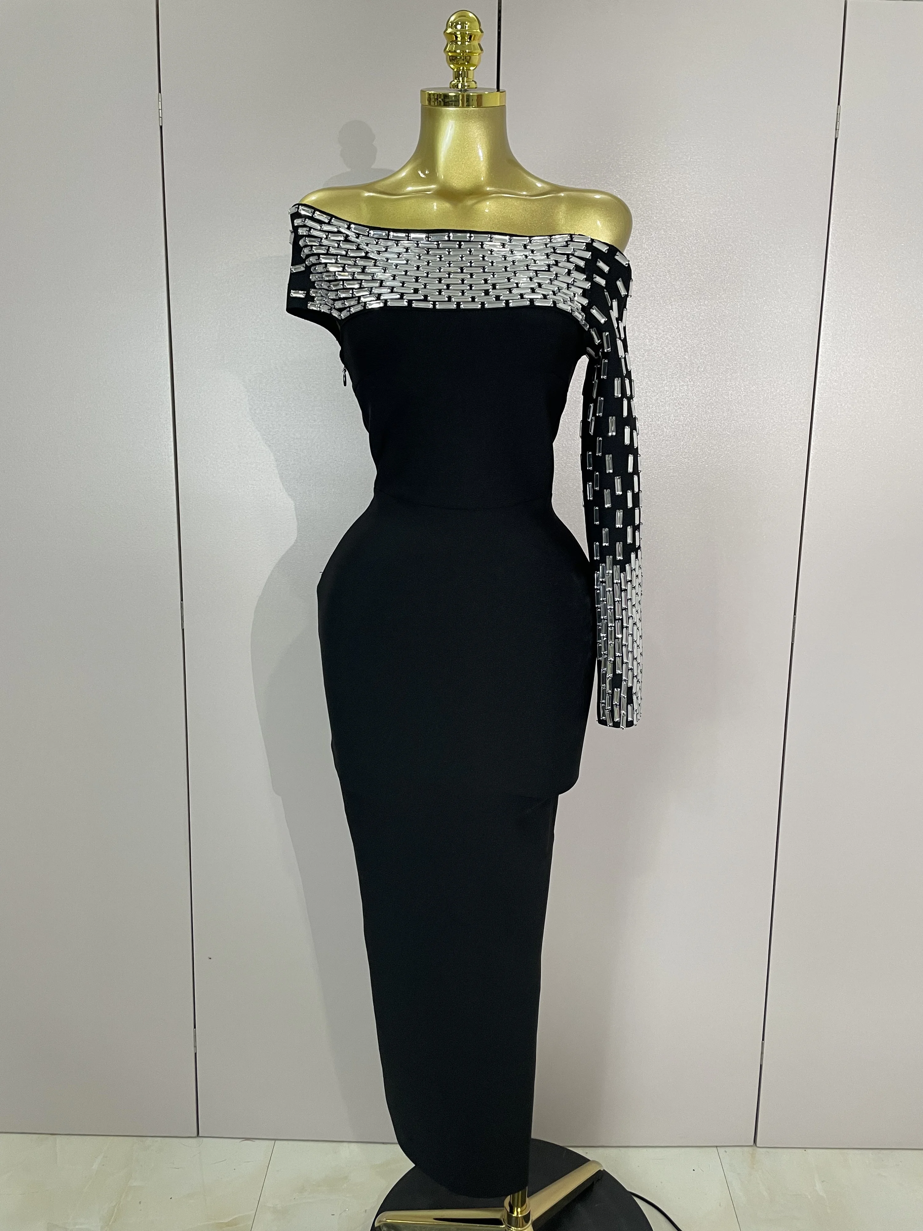 Sexy een schouder strass zwarte bandage lange jurk vrouwen elegante verjaardag vieren avond prom toga nacht cocktailjurken