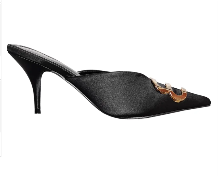 Casual Leather Sexy Pointed Toes Mule Slippers Design Women Thin High Heel Satin Shoes Dress Lady Outside Shoes Summer