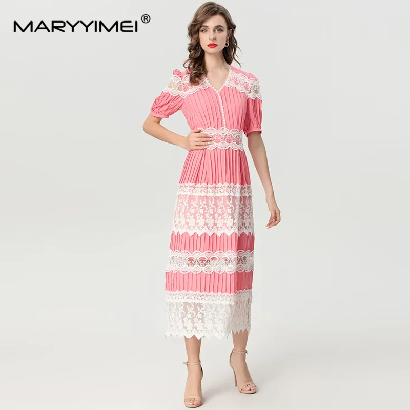 

MARYYIMEI Summer Women's Dress V-Neck Short-Sleeved Lace Splicing Hollow Out Streetwear Pink Pleated Dresses