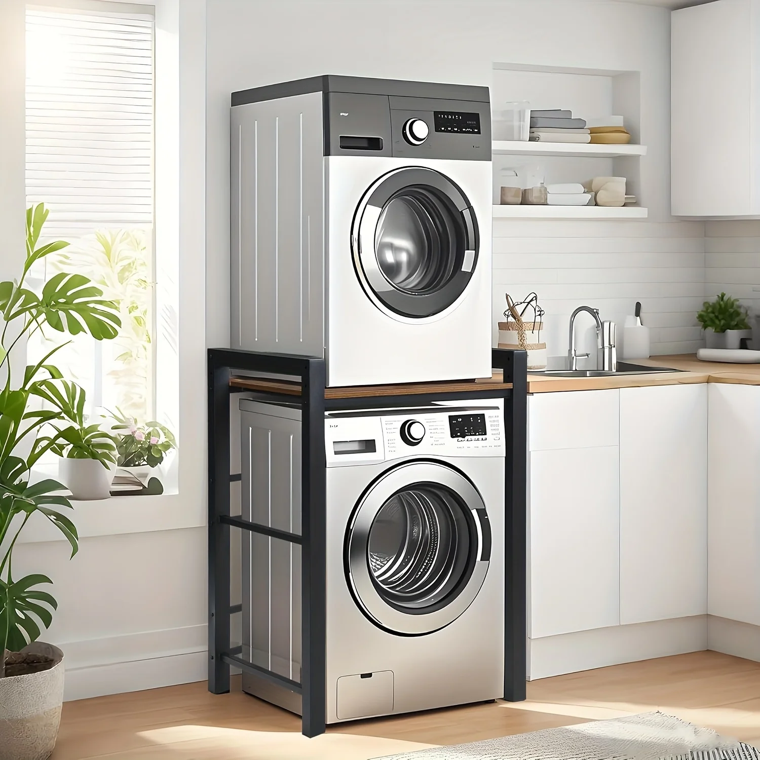 

Washer Dryer Stacking Rack Stand, Heavy Duty Steel Standing Storage Shelf Washing Machine Shelf, Over The Washer And Dryer Shelv